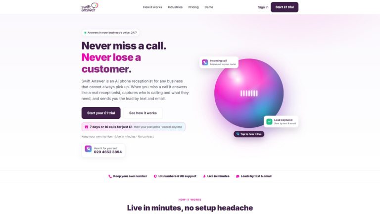 Swift Answer AI phone answering service website